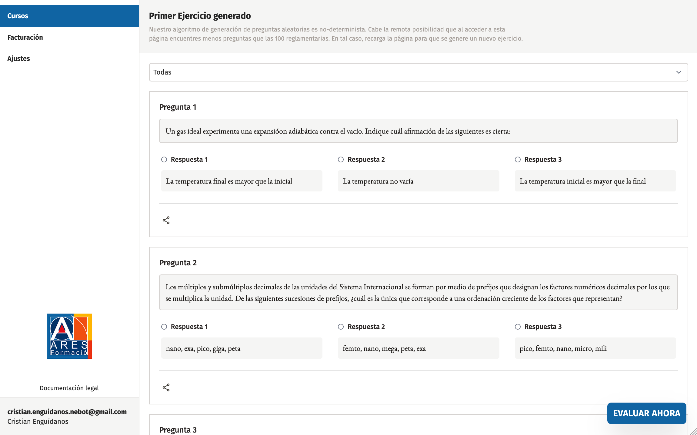 Generador de exámenes aleatorios con preguntas tipo test del examen Obsmet