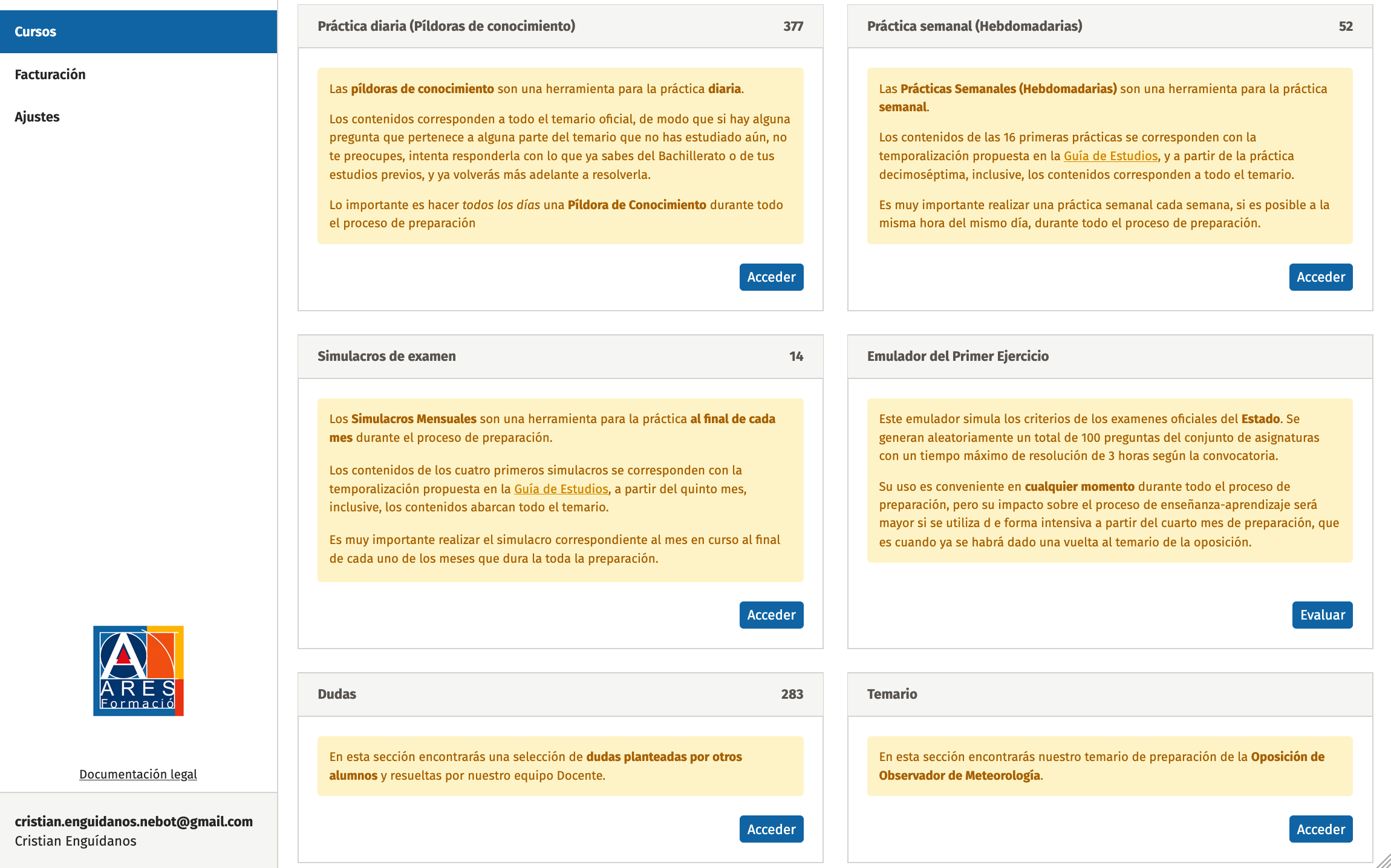 Panel de contenidos con píldoras, prácticas semanales, simulacros, dudas y temario