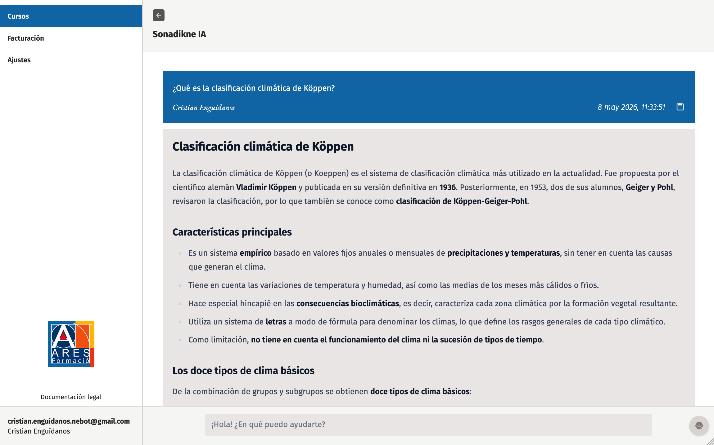 Sonadikne IA respondiendo a una pregunta sobre clasificación climática de Köppen